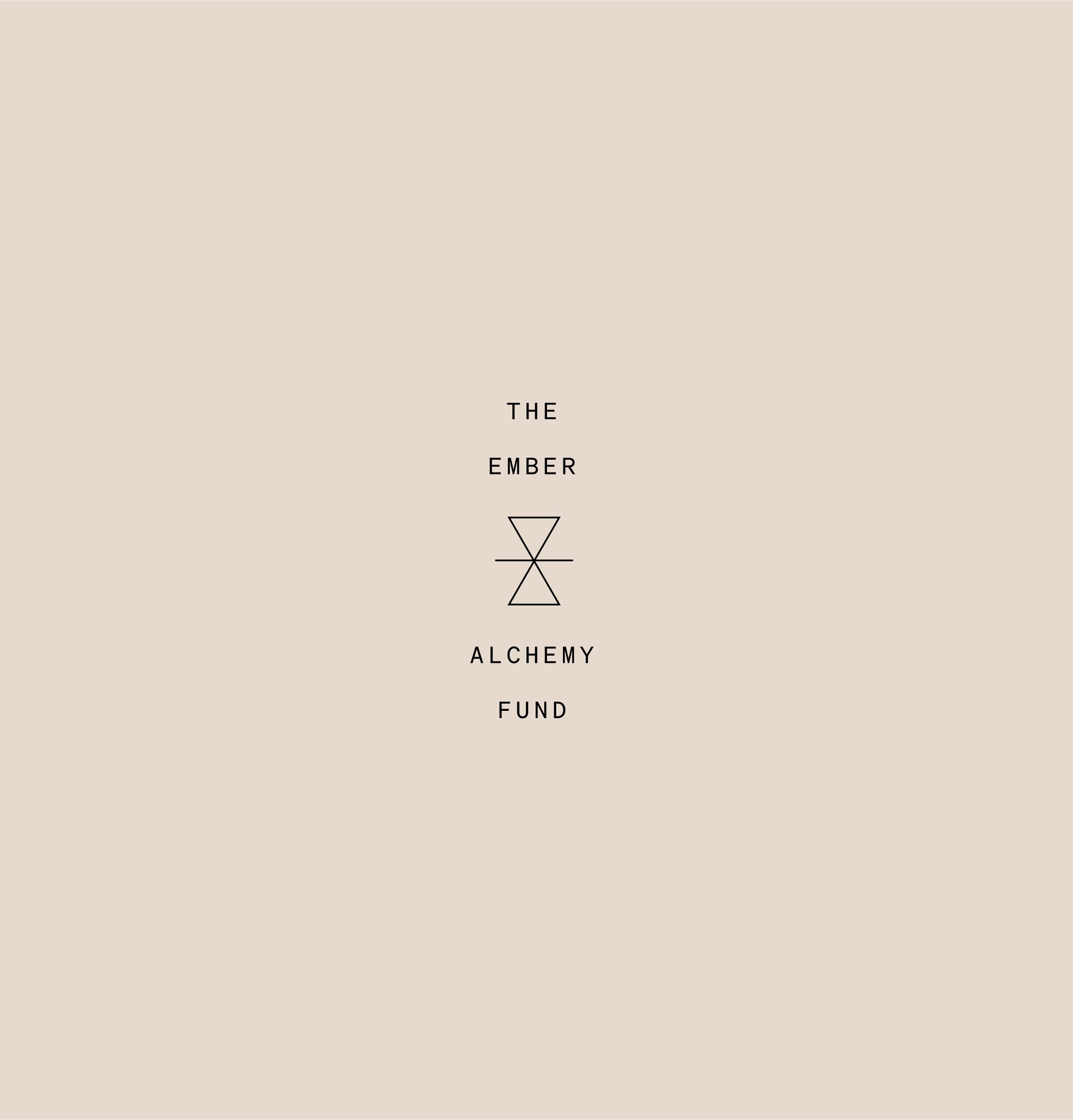 The logo for the Ember Alchemy fund in black on a taupe background.