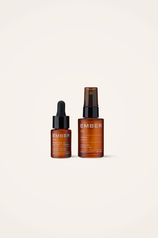 Ember's 01/ Oil & Water Duo. Great for all skin types, including sensitive skin and those with eczema. Paired with our Calendula Hydrosol known for soothing and lasting hydration.