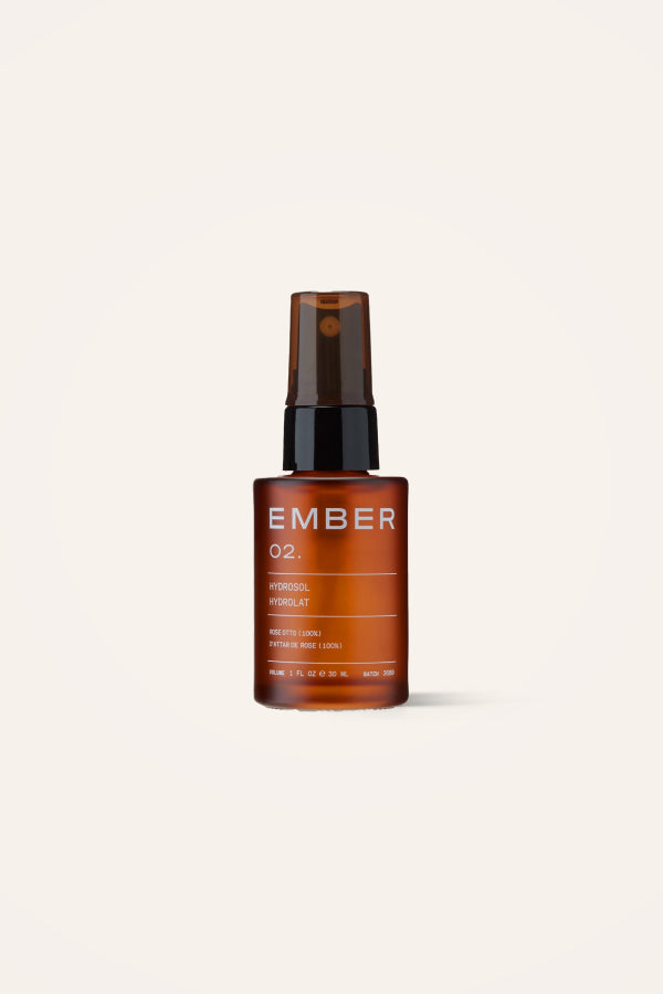 Ember's Rose Otto Hydrosol, made from pure, sustainably sourced plant waters that deliver hydration to the face, neck, and décolletage.