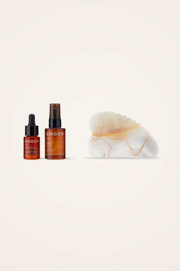 Ember Wellness' Get Unready Set featuring 03/ Oil + Water Dup and a Heart Shaped Agate Facial Gua Sha