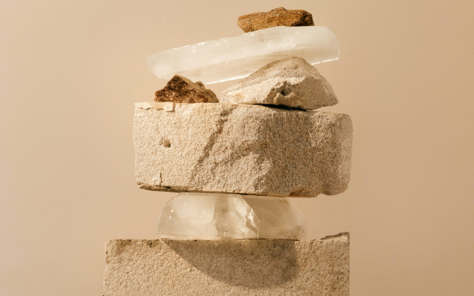 A stack of sand-coloured rocks and crystals