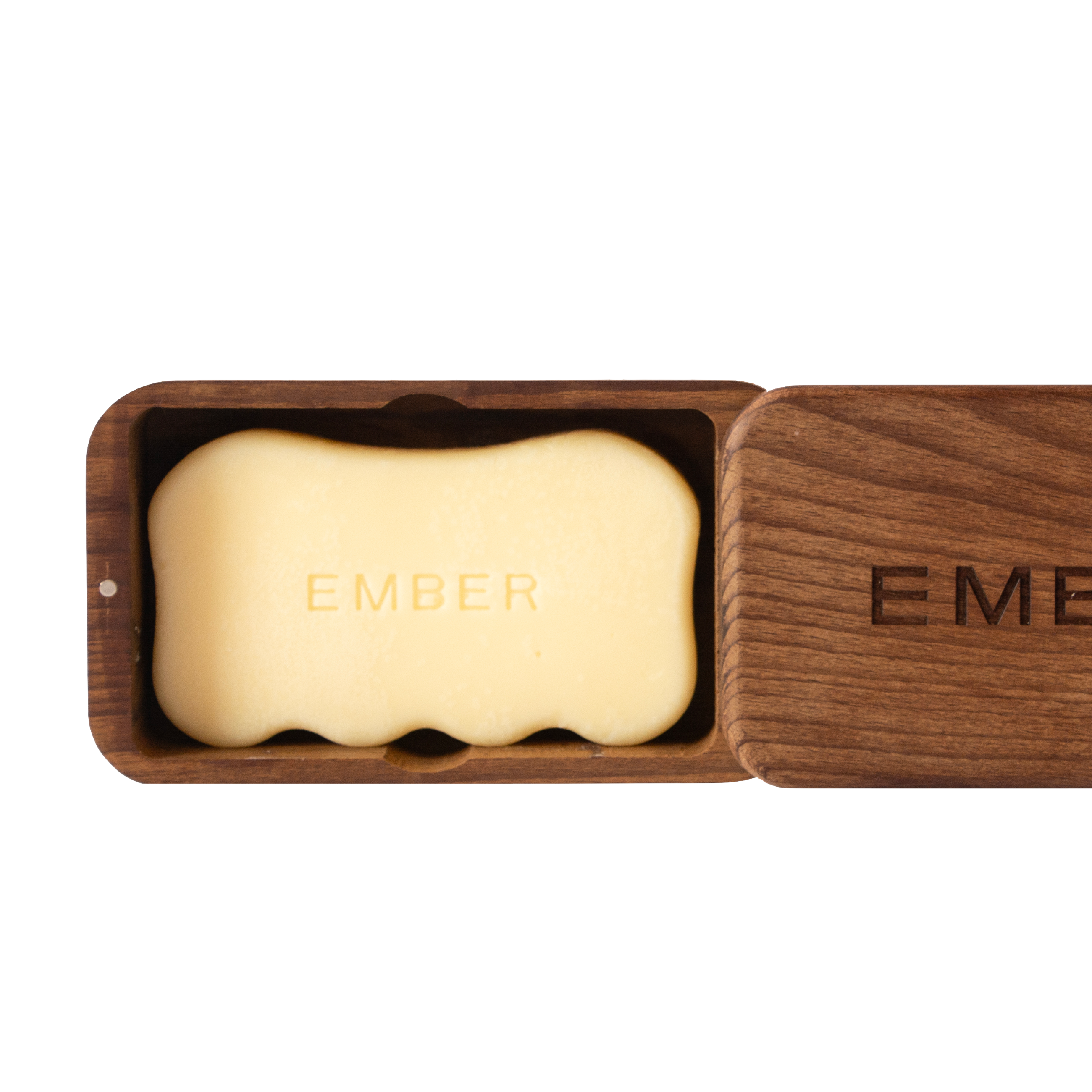 Body serum bar in a wooden box with 'Ember' branding on a white background