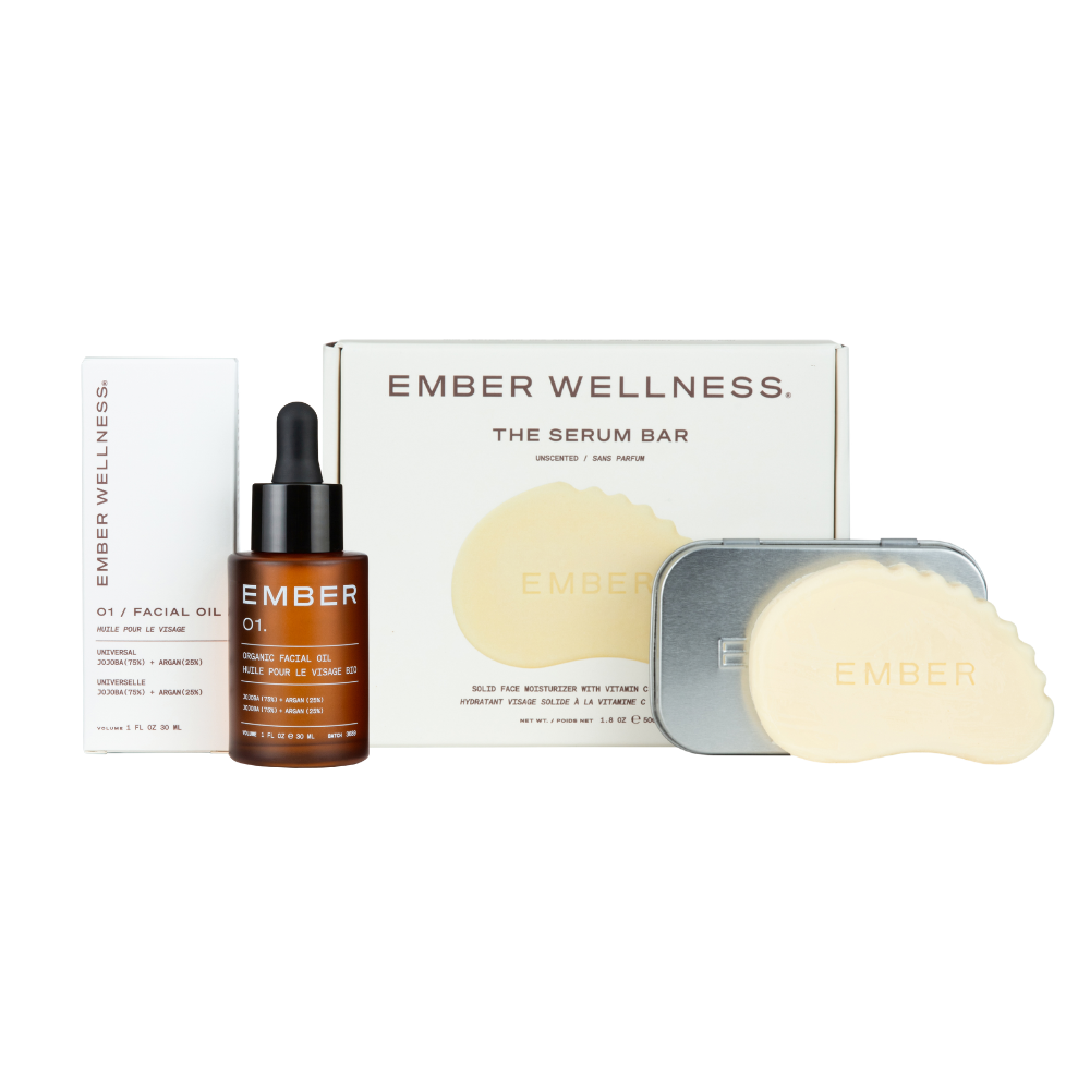 Ember Wellness skincare products including a serum bar, facial oil, and other items on a white background.
