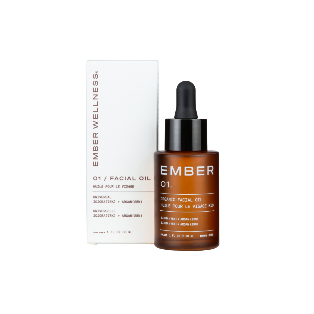Ember facial oil bottle and packaging on a white background