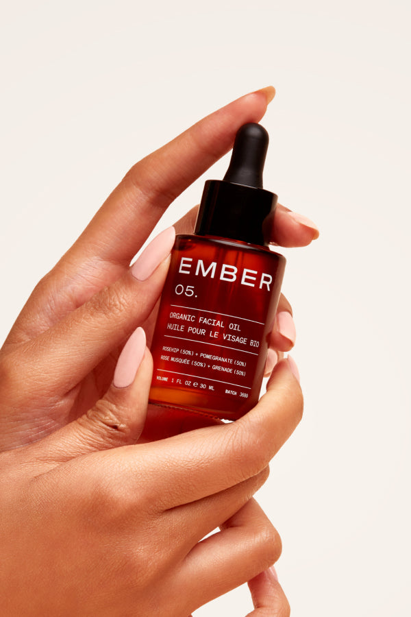 Ember's Rosehip and Pomegranate Facial Oil that contains two pure, cold-pressed organic plant oils that deliver an amplified formula that is greater than the sum of its parts.